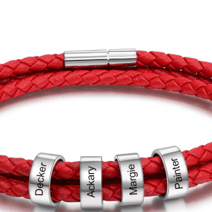 Stainless Steel Personalised Name Plate 2 Red Braided Bracelet (4 Names)