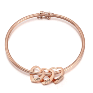 Personalised Heart Charm Bangle in Rose Gold (3 Hearts)