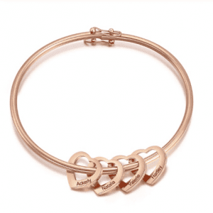 Personalised Heart Charm Bangle in Rose Gold (4 Hearts)