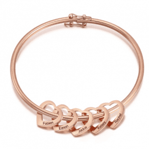 Personalised Heart Charm Bangle in Rose Gold (5 Hearts)