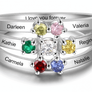 Seven Birthstone Mother's Ring with Engraved Names in Sterling Silver