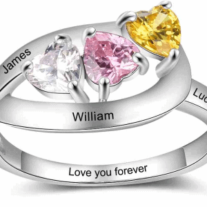 Three Birthstone Mother's Ring with Engraved Names in Sterling Silver
