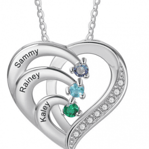 Personalised Mother Necklace 3 Stones Engraved 3 Names Birthstone Intertwined Heart Pendant