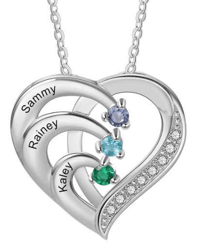 Personalised Mother Necklace 3 Stones Engraved 3 Names Birthstone Intertwined Heart Pendant