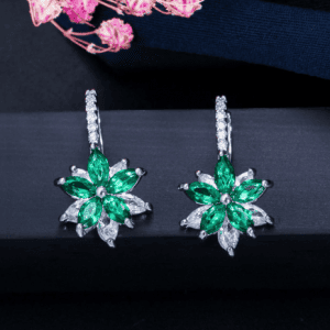 Lovely Geometric Flower with CZ Green Stones Earrings
