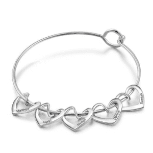 Personalised Heart Charm Bangle in Silver (5 Hearts)