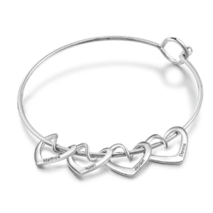 Personalised Heart Charm Bangle in Silver (4 Hearts)