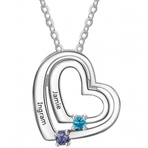 Sterling Silver Double Heart Necklace with 2 Birthstones