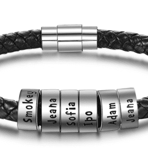 Men's Sterling Silver Personalised Name Plate Leather Bracelet (6 Names)