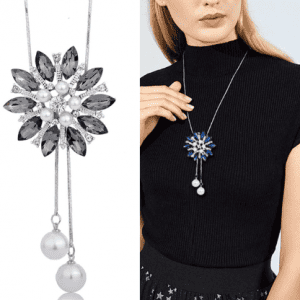 Extra Long Sunflower Pearl and Black Crystal Necklace