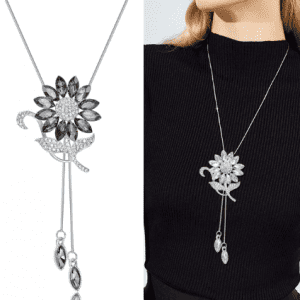 Long Sunflower Black Crystal Silver Necklace