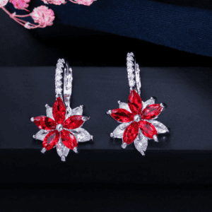 Lovely Geometric Flower with CZ Red Stones Earrings