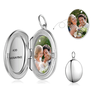 Oval Photo Locket Necklace With Engraving Rhodium Plated