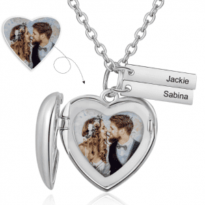 Heart Photo Locket Necklace With Two Engraved Bars Phodium Plated
