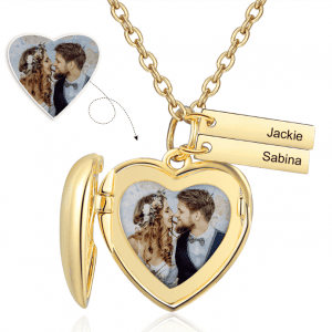 Heart Photo Locket Necklace With Two Engraved Bars Gold Plated
