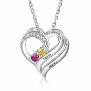 Personalised Mother Necklace 2 Stones Engraved 2 Names Birthstone Intertwined Heart Pendant