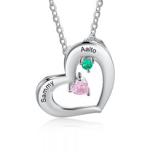 Birthstone & Engraved Heart Sterling Silver Necklace