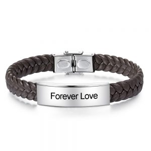 Stainless Steel Personalised Name Plate Woven Leather Men's Bracelet