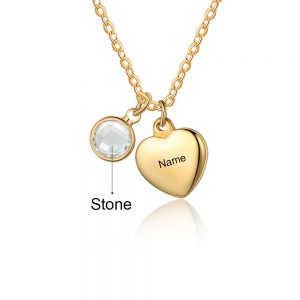 Gold Stainless Steel Engraved Heart Necklace with Birthstone