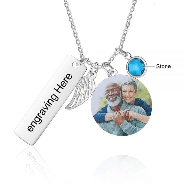 Photo Necklace with Angel Wing & Birthstone