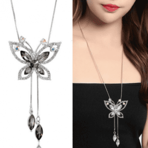 Long Gray Crystal Butterfly Shaped Silver Necklace