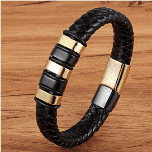 Men's Black and Gold Leather Bracelet