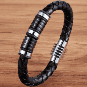 Men's Black and Silver Leather Bracelet