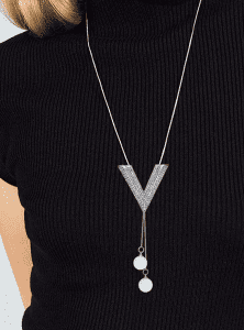 V Crystal and Pearl Long Necklace