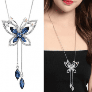 Long Blue Crystal Butterfly Shaped Silver Necklace