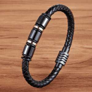 Men's Black and Gold Leather Bracelet