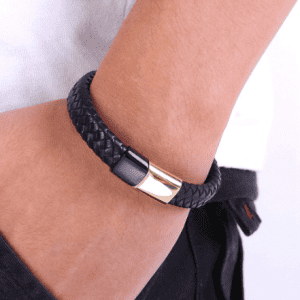 Men's Black and Gold Leather Bracelet