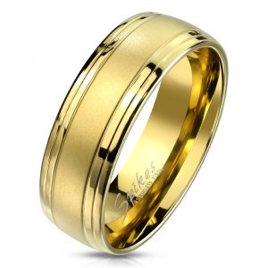 Gold IP Brushed Double Grooved Lines Men's Ring