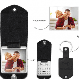 Photo Leather Key Ring With Engraved Tag and Calendar