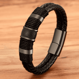 Men's Black Stainless Steel Leather Woven Bangle