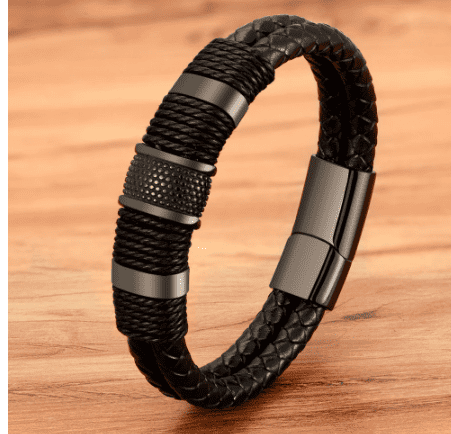 Men's Black Stainless Steel Leather Woven Bangle