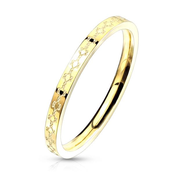 Floral Filigree Etched Gold IP Stainless Steel Ring