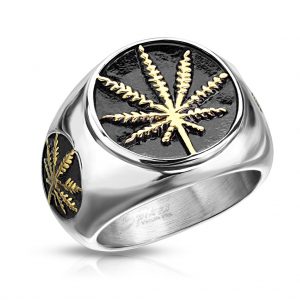 Gold Pot Leaf on Black Circle Stainless Steel Ring