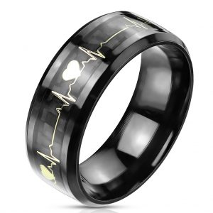 Gold Heart Beat Inlaid Center Black PVD Over 316L Stainless Steel Band Rings