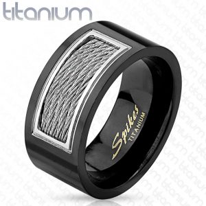 Wired Cables Inlayed Black IP Titanium Ring Men's Ring