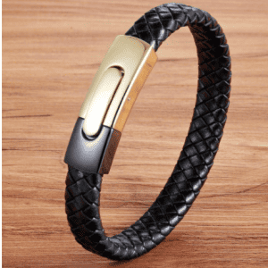 Men's Black and Gold Stainless Steel Leather Woven Bangle