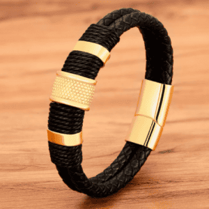 Men's Black and Gold Stainless Steel Leather Woven Bangle