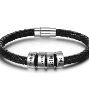 Young Men's Sterling Silver Personalised Name Plate Leather Bracelet (4 Names)