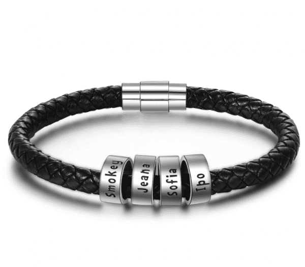 Young Men's Sterling Silver Personalised Name Plate Leather Bracelet (4 Names)