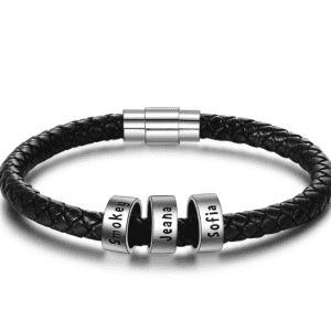 Young Men's Sterling Silver Personalised Name Plate Leather Bracelet (3 Names)
