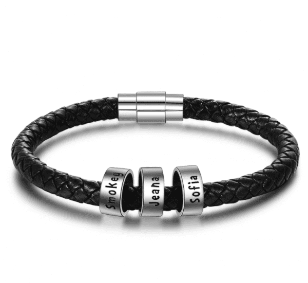 Young Men's Sterling Silver Personalised Name Plate Leather Bracelet (3 Names)