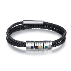 Stainless Steel Personalised Rope Bracelet with 6 Names & Birthstones