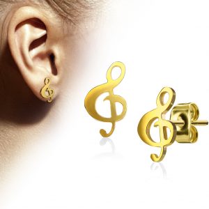 Pair of Hand Polished Music Clef 316L Stainless Steel Gold Plated Earring Studs