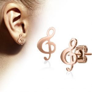 Pair of Hand Polished Music Clef 316L Stainless Steel Rose Gold Plated Earring Studs