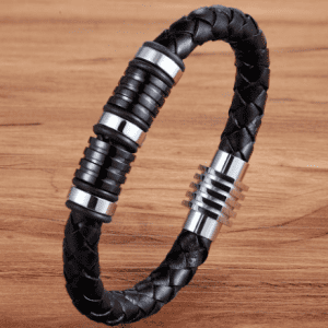 Men's Stainless Steel Bolt Leather Bracelet