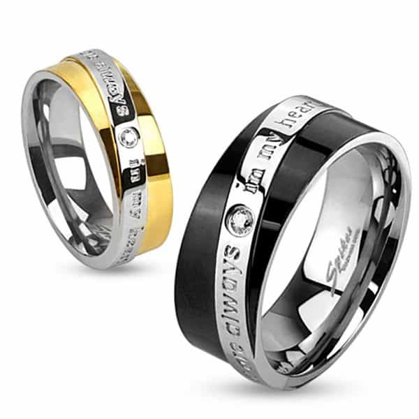 "You Are Always In My Heart" Diagonal Engraved Two Toned Ring Stainless Steel